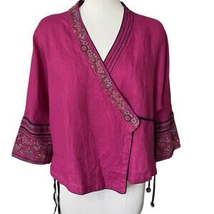 Soolinen Wrap Top Pink Linen Embroidery Green Blue Detail Neck Sleeves Loose Fit